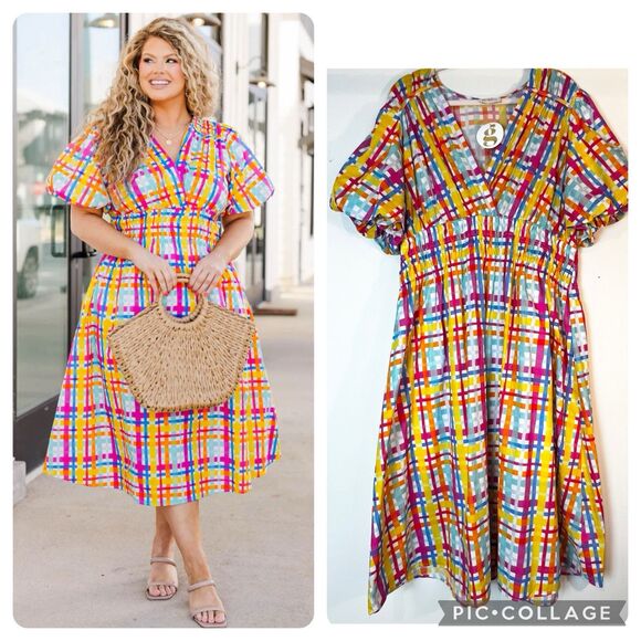 Plaid Midi Dress Colorful Stretch Smocked Waist Pink Yellow Blue NWT Sz 3X - Picture 1 of 16